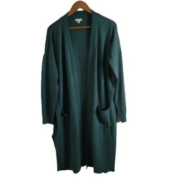 Debut women's Green Cardigan Sweater Size M Long Sleeve Open Pockets slit sides - Picture 2 of 10